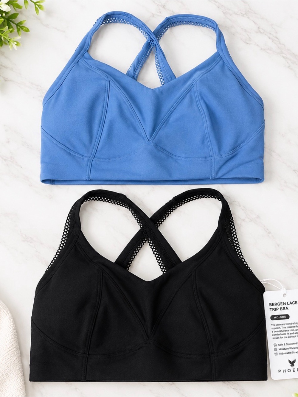 Phoenix Bergen Lace Trip Bra 2-Pack Black Blue Med D-DDD Crossover Wireless NWT